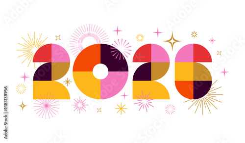 2026 fireworks card, poster, banner, greeting card, 
printable design, web banner, cover with 
Colorful modern New year numbers logo, text 
isolated on white background