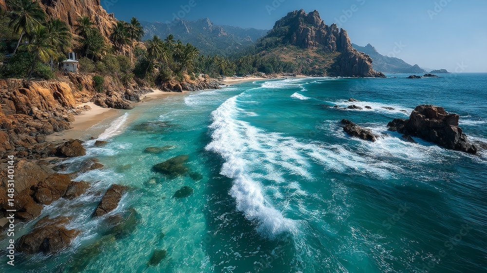 Obraz premium A beautiful beach suitable for vacation, with clear seawater, white sandy beaches, tropical palm trees, sunny skies, and a relaxed and pleasant atmosphere
