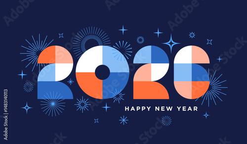 2026 modern style fireworks card, banner, poster design with colorful typographic New Year numbers text logo, party, vector, fireworks celebration background