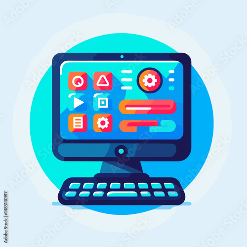 Computer monitor displaying colorful application icons and settings  
