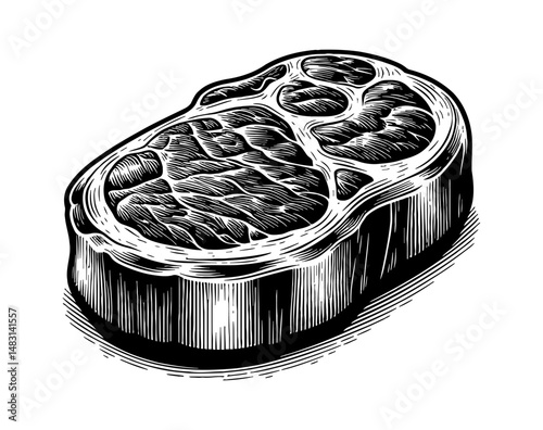 Detailed Engraving Style Illustration of a Raw Meat Cut on White Background