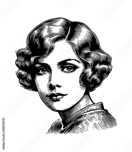 Engraved Portrait of an Elegant Woman with Wavy Bob Hair and Serious Expression in Black and White