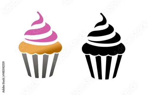 Cupcake with cream topping, silhouette icon in natural and black colors 