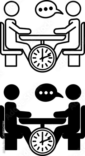Deliberation Icons. Black and White Vector Illustration. People Talking Around the Table. Meeting, Communication, Hours, Solving Problems. Speaking Concept