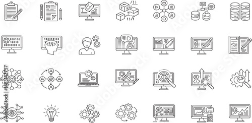Software Development Line Editable Icons set. Vector illustration in modern thin line style of technology related icons: code, plan, release, and more.