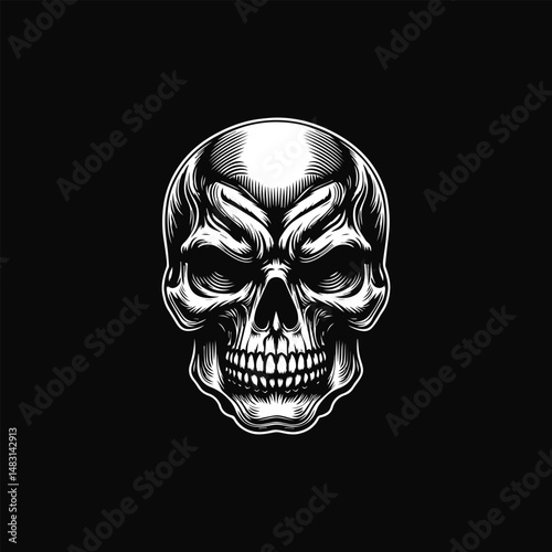 Detailed black and white illustration of a human skull, showcasing intricate bone structure and texture. Anatomy concept