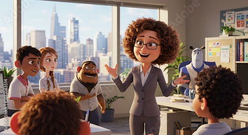 Animated Business Woman Presenting to Team in Office