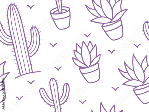 Seamless cactus and succulent pattern with minimal potted plant line drawings in soft purple. Perfect for desert, or botanical themes. Great for packaging, fabric, and stationery design.