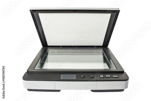 Flatbed scanner with open lid and control buttons visible on the front panel.