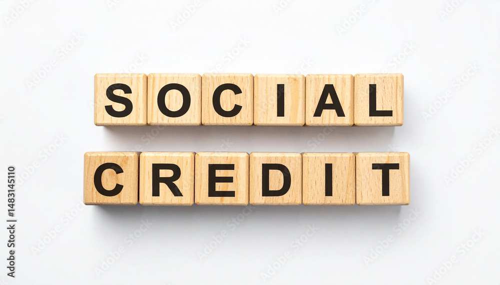 Text SOCIAL CREDIT on wooden cubes on white. Distributive philosophy of political economy. Flat lay Text SOCIAL CREDIT on wooden cubes on white. Distributive philosophy of political economy. Flat lay