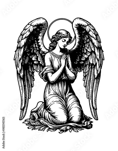 Praying Angel Kneeling with Wings and Halo in Detailed Black and White Engraving Style