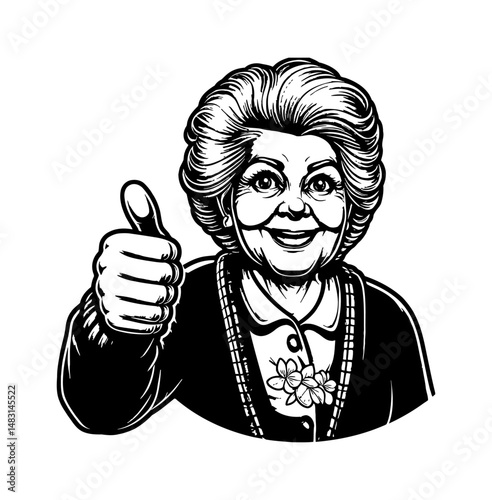 Smiling Elderly Woman Giving Thumbs Up in Black and White Detailed Engraving Art Style