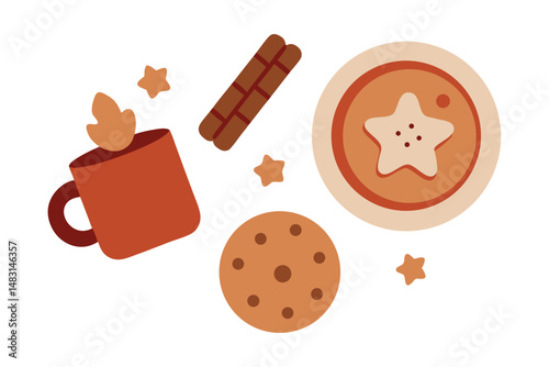 Top-Down View of Christmas Cookies, Cinnamon Sticks & Hot Chocolate – Cozy Holiday Flat Lay on White Background.