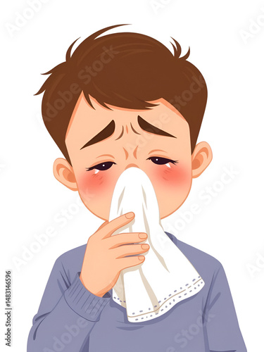 A young boy with brown hair sneezing into a handkerchief while showing signs of discomfort in a flat vector illustration