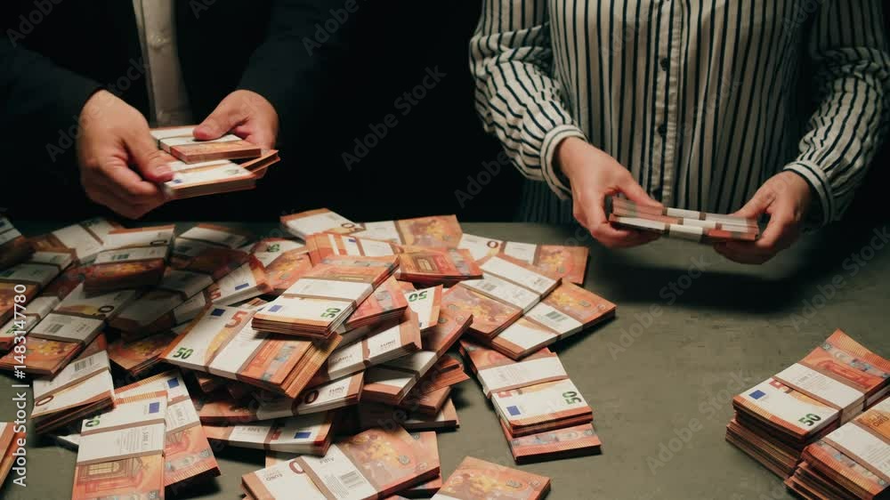Banknotes and bag counter, Specialised police officer Counting dollar euro banknotes in crime lab with machine, cashed out criminal money, bitcoin changing, buying home flat in bank. 