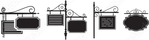 Hanging signboards silhouettes vector transparent white background.