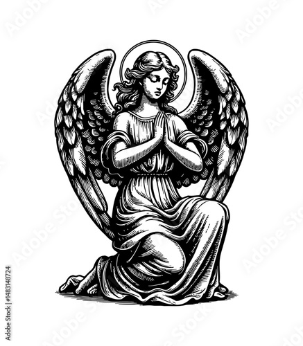 Elegant Angel Praying on Knees with Wings Spread Out in Detailed Black and White Engraving