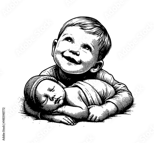 Cute Baby Smiling While Looking Up and Holding a Sleeping Newborn Baby in Detailed Line Art