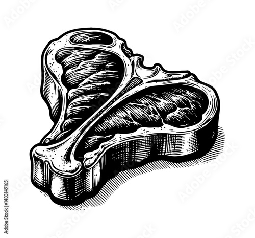 Detailed Engraved Illustration of T-Bone Steak, Black and White Rendering of Raw Meat
