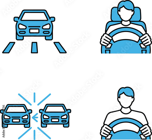 Illustrations showing a car driving, a driver, and a car crash in a blue and black color scheme