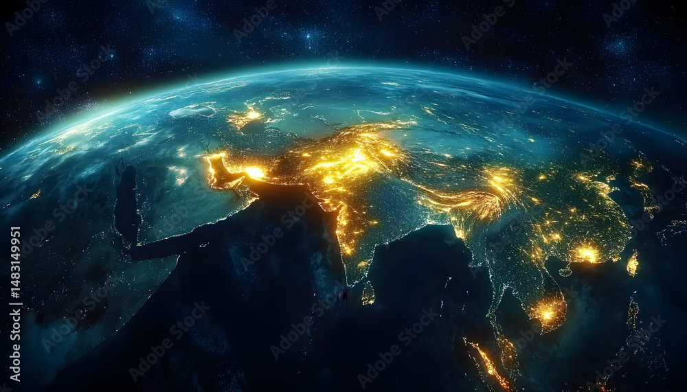 Obraz premium Illuminated View of Japan and East Asia at Night from Space. Stunning Earth Day Perspective Highlighting City Lights, Geographical Beauty, and the Global Importance of Sustainability and Conservation