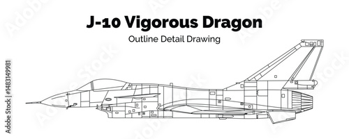 J-10 Vigorous Dragon, Chengdu J-10, Firebird, Pakistan, China, Multirole combat aircraft Detail outline drawing
