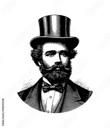 Elegant Portrait of a Man with Beard, Mustache, and Top Hat in Engraved Style