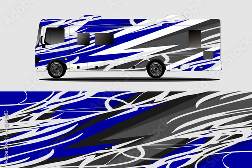 Sleek RV Design with Dynamic Blue and Gray Patterns