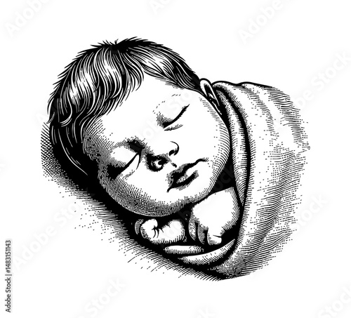 Engraving Illustration of a Sleeping Baby in Blanket Cradling Cheek on Hand
