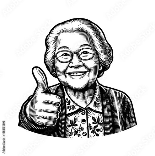 Happy Senior Woman Giving Thumbs Up with a Big Smile in Black and White Engraving Style