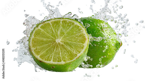 Refreshing lime fruit slices splashing in water droplets on vibrant green citrus summer drink ingredient on transparent background wet food