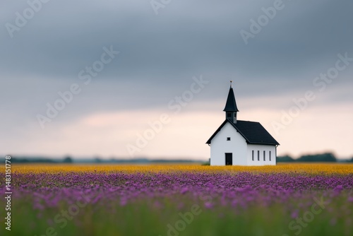 Tranquil rural church amidst vibrant blooming flowers in idyllic countryside landscape for nature-inspired design