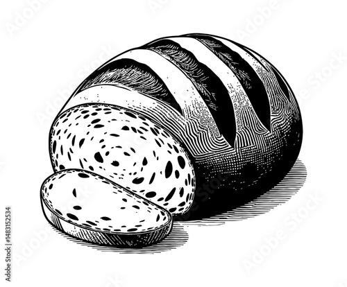 Engraved Style Illustration of Sliced Bread Loaf with Detailed Texture and Shadow in Black and White
