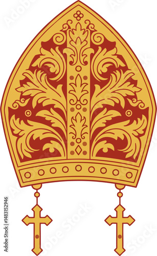 Flat Bishop Mitre with Hanging Crosses – Ornate Red and Gold Catholic Hat Vector Illustration