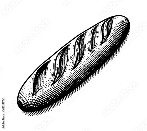 Detailed Engraved Illustration of a Loaf of Bread in Black and White on White Background