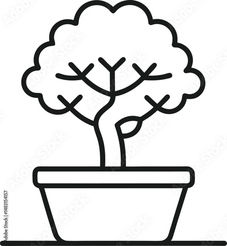 Line art of a growing miniature tree in a container