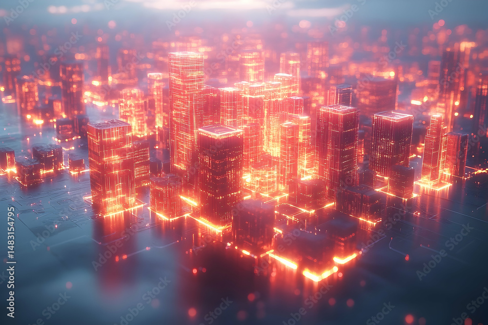 Fototapeta premium An illuminated city landscape, glowing with a warm orange light, set against a soft, diffused sky