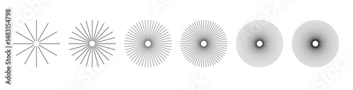 Radial circle lines PNG. Radial circle lines forming a sunburst effect, isolated. Symbol of Sun star rays, design elements.