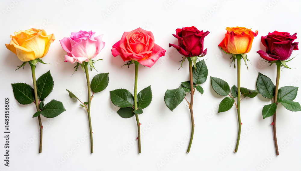 Obraz premium the image showcases a row of six flowers placed against a bright, neutral background. each flower is positioned upright and has a distinct coloration, spanning from light yellow to deep red