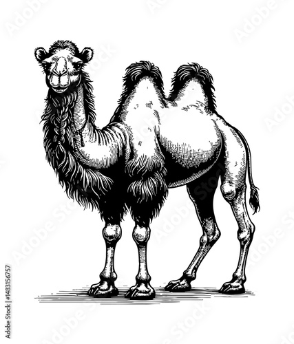 Detailed Engraving Style Black and White Illustration of a Standing Camel with Two Humps