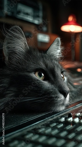 Black cat relaxes on a soundboard in a cozy studio during the evening hours