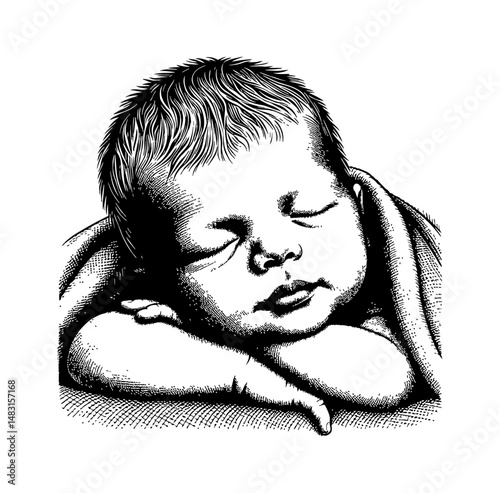 Newborn Baby Sleeping Peacefully with Head Resting on Arms Detailed Black and White Drawing