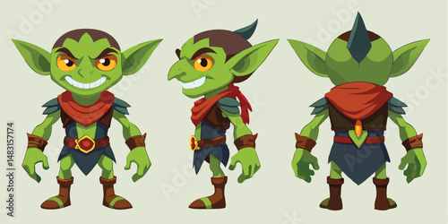 Cartoon goblin character front side and back views illustration for gaming projects
