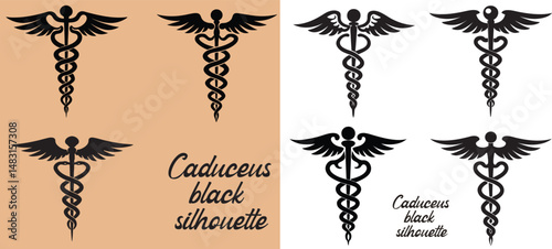 Medical caduceus silhouette, Medical symbol icon. Snake and stick with wings, Medicine logo, Vector illustration