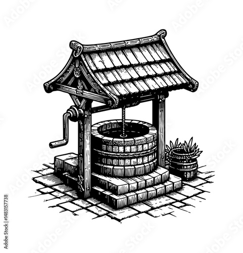 Antique water well drawing with plants in black and white engraving style, isometric view, isolated