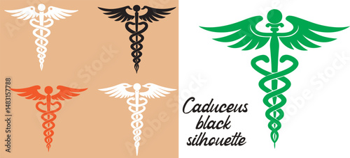 Medical caduceus silhouette, Medical symbol icon. Snake and stick with wings, Medicine logo, Vector illustration