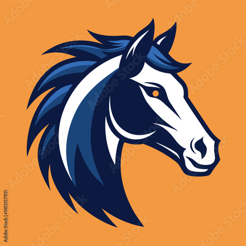 Elegant vector illustration of a horse head in blue and white on an orange background