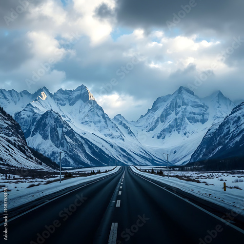 Remote Mountain Pass in Deep Winter with Sharp Peaks and Blizzard 