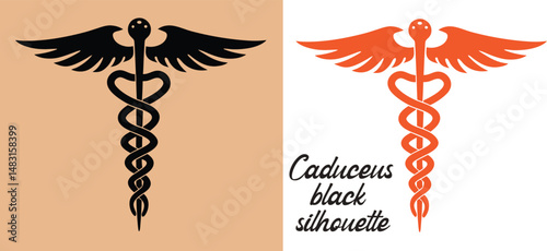 Medical caduceus silhouette, Medical symbol icon. Snake and stick with wings, Medicine logo, Vector illustration