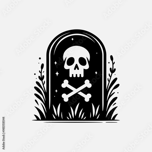 Clean gravestone vector illustration with prominent skull and crossbones symbol accented by subtle floral embellishments